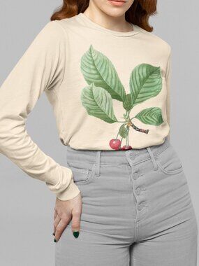 Wild Cherry Vintage Botanical Print Long Sleeve Graphic Tee T-shirt S-XXL